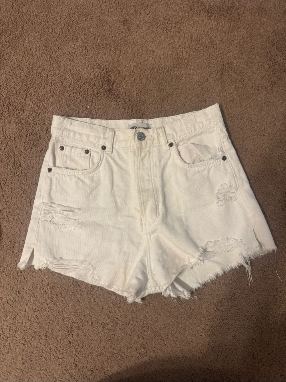 Zara White Distressed High-Rise Denim Shorts